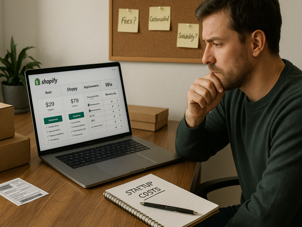 A  home office scene with a business owner reviewing Shopify pricing on a laptop alongside alternative dropshipping platforms like WooCommerce and Wix. Dropshipping materials and a notepad labeled “Startup Costs” are visible on the desk.

