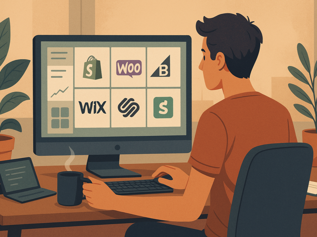 Illustration of a business owner choosing between various ecommerce platforms on a digital screen, symbolizing Shopify alternatives and decision-making.

