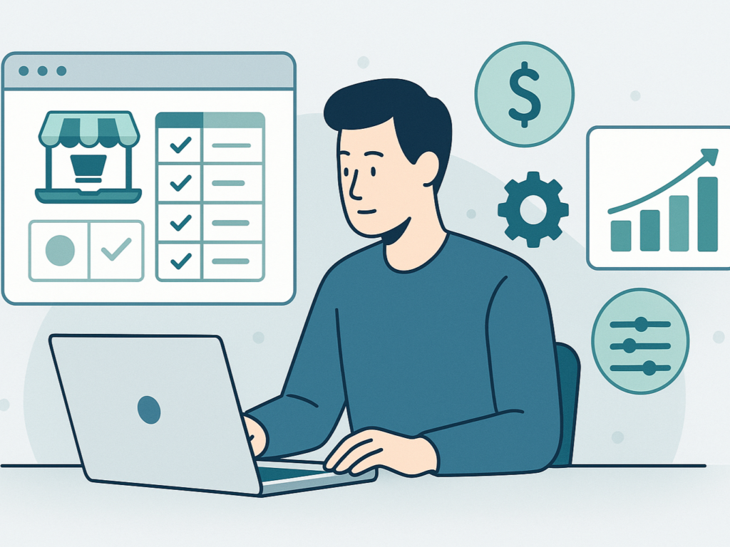Comparison of ecommerce platforms with icons for pricing, automation, ease of use, and scalability, representing evaluation of Shopify alternatives.