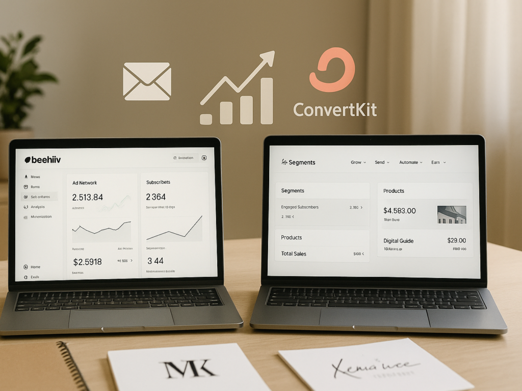 A side-by-side visual comparison of Beehiiv and ConvertKit platforms on a split screen, highlighting email dashboard interfaces, charts, and newsletter tools.

