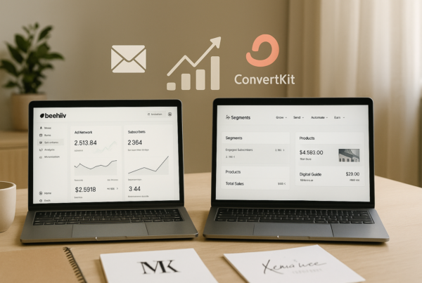 A modern digital workspace with two split-screen laptops—one displaying Beehiiv’s clean, ad-friendly dashboard, the other showing ConvertKit’s interface with advanced segmentation tools. Charts, email icons, and growth visuals highlight newsletter strategy.