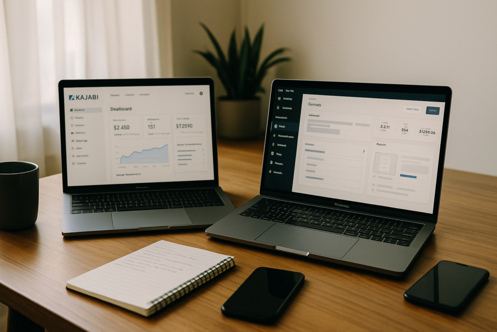 A realistic workspace setup with two laptops side by side—one displaying the Kajabi dashboard and the other showing ClickFunnels’ interface. The scene includes a coffee mug, notebook, and smartphone on a sleek wooden desk, with soft daylight streaming in from a window. The environment feels modern and productive, representing a digital entrepreneur comparing two top platforms.