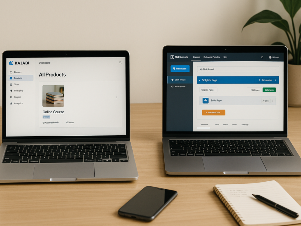A side-by-side comparison of two laptop screens on a minimalist desk—one showing Kajabi’s clean, product-based dashboard, and the other displaying ClickFunnels' funnel-builder interface. The workspace is tidy and bright, with a smartphone, coffee cup, and a small plant nearby, symbolizing productivity and user-focused design for digital entrepreneurs.