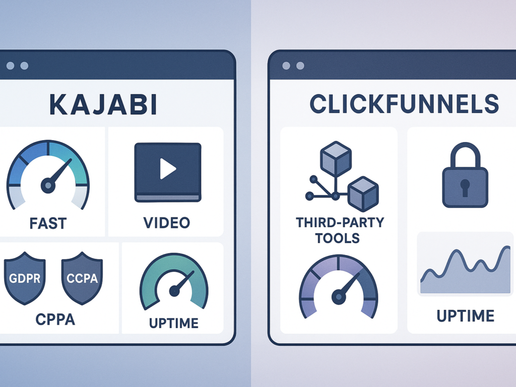 Side-by-side graphic comparing Kajabi and ClickFunnels on technical performance—Kajabi is shown with fast loading speed, built-in video hosting, and strong security tools, while ClickFunnels includes third-party integrations, slower speed indicators, and standard security features.