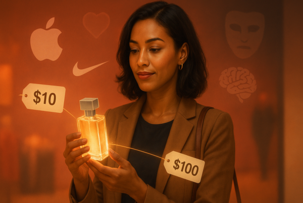 a shopper holding a glowing product, surrounded by logos of iconic brands like Apple and Nike. The background shows emotional icons (heart, brain, identity mask) symbolizing emotional and identity-driven branding.