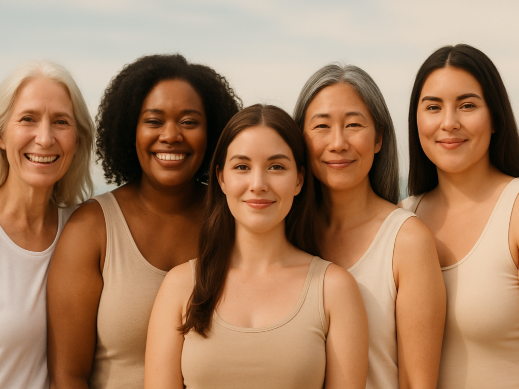 Diverse group of real women of different body types, ages, and ethnicities standing together confidently, smiling in natural lighting, symbolizing self-acceptance and beauty diversity.