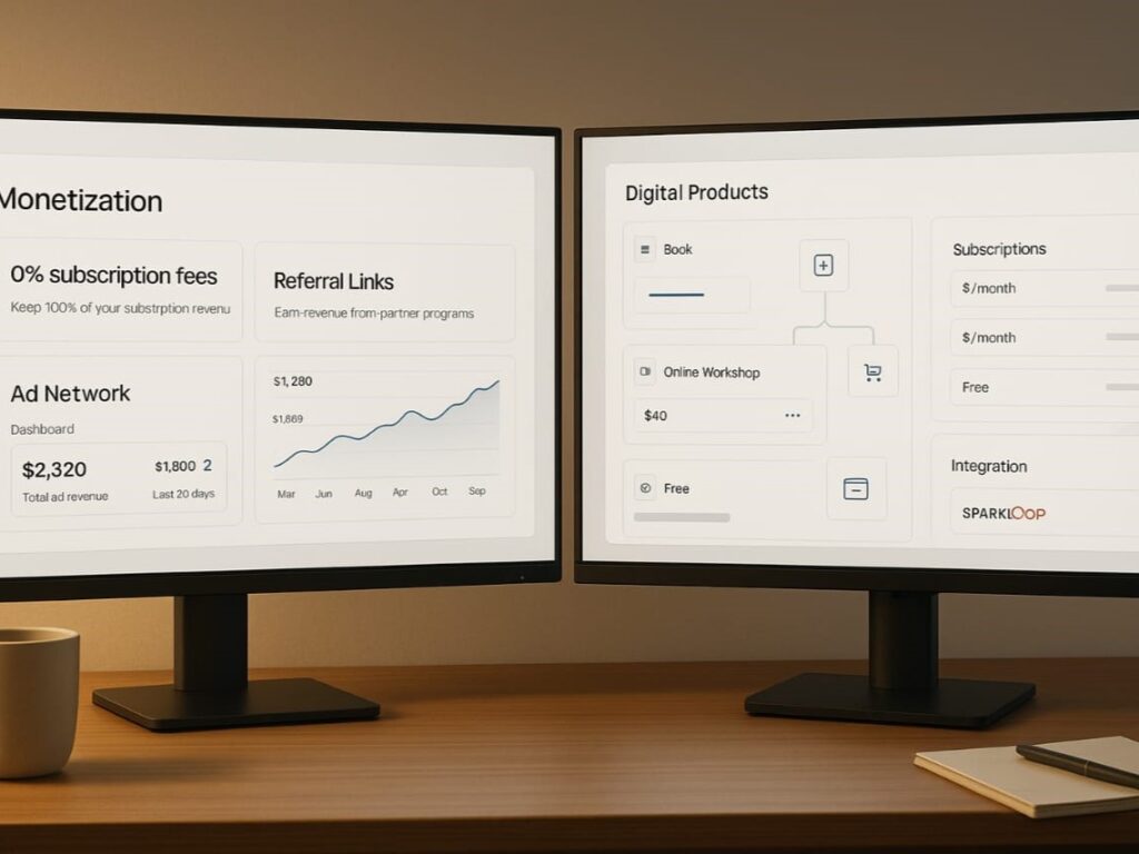 A modern workspace with dual monitors displaying newsletter monetization dashboards. One screen highlights Beehiiv’s referral and ad network features, while the other shows ConvertKit’s digital product sales interface and subscription settings. Icons for revenue, subscriptions, ads, and products suggest diverse income streams.

