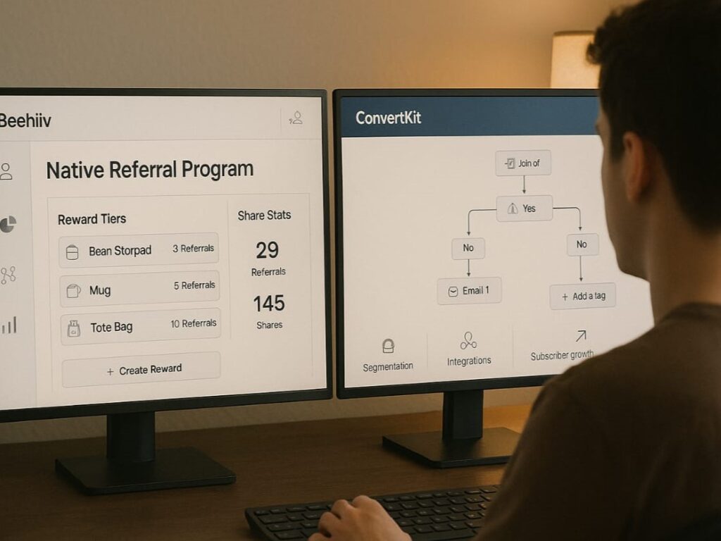 A digital workspace showing two screens: one with Beehiiv’s referral program dashboard and the other with ConvertKit’s email automation workflow builder. Additional tabs for analytics and segmentation tools are visible. The scene suggests a creator optimizing their newsletter growth strategy.


