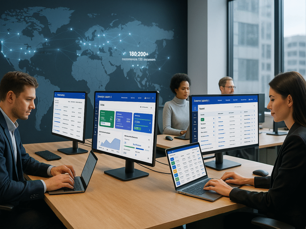 office scene showing professionals using ActiveCampaign’s dashboard on laptops and monitors.