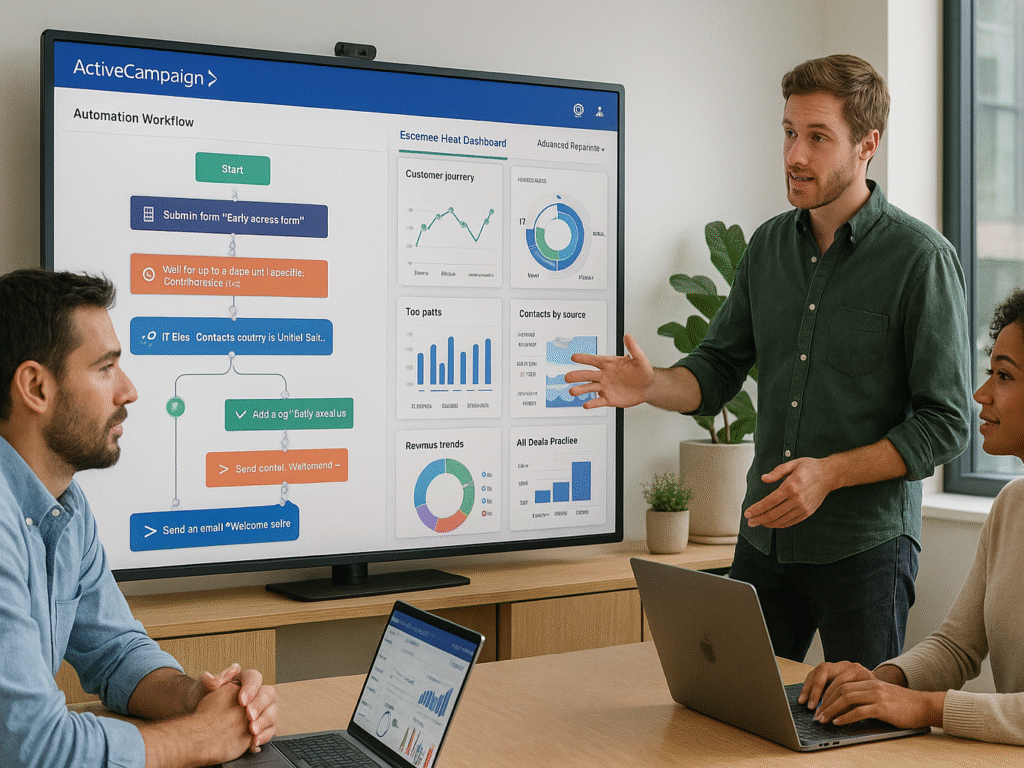 workspace with marketers collaborating around a large screen displaying ActiveCampaign’s advanced features.