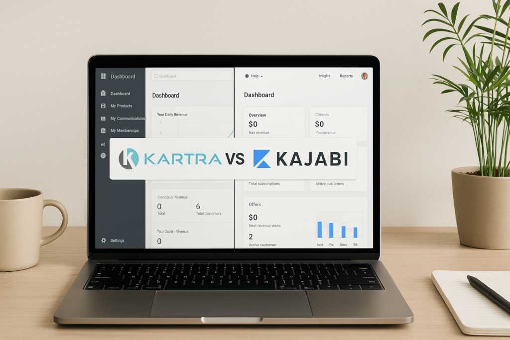 Kartra and Kajabi comparison dashboard on laptop screen with coffee cup beside it.