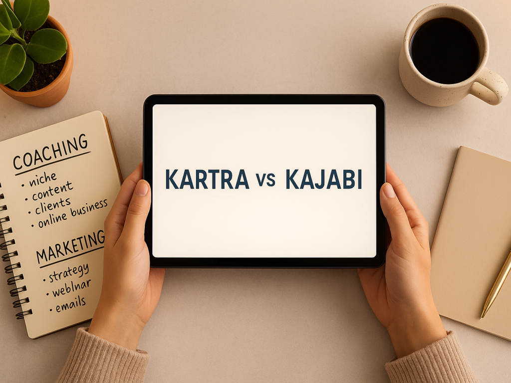Business owner comparing Kartra and Kajabi features on tablet.