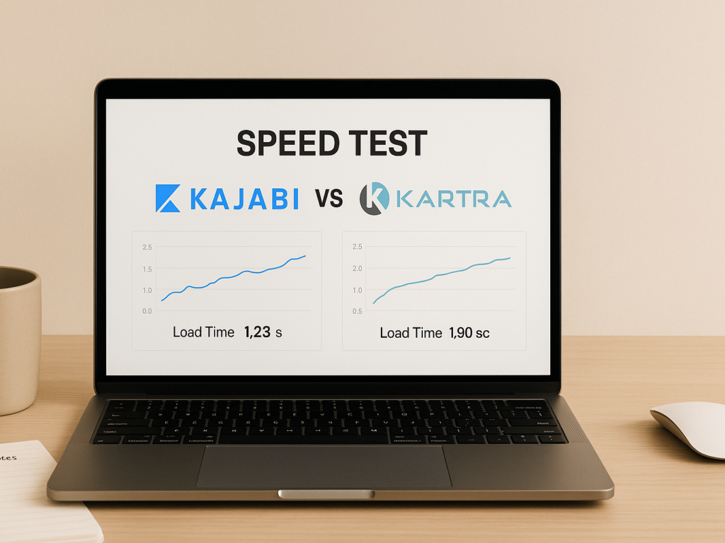 Speed test comparison between Kajabi and Kartra on a laptop screen.