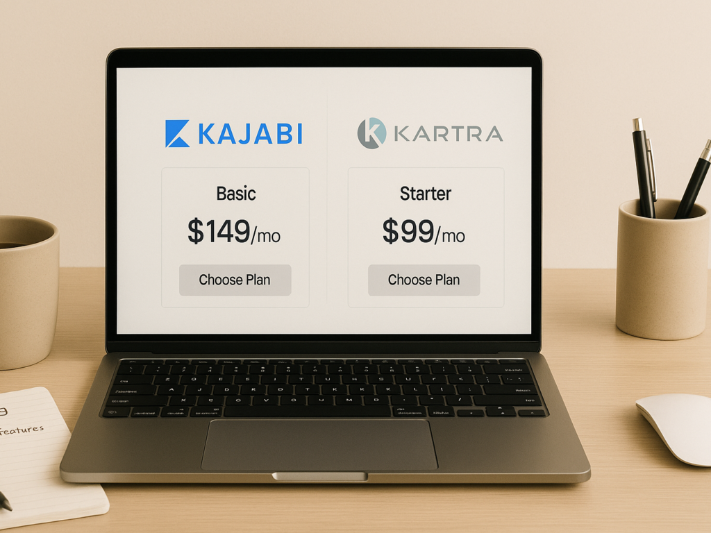 Pricing plans for Kajabi and Kartra compared on a laptop.