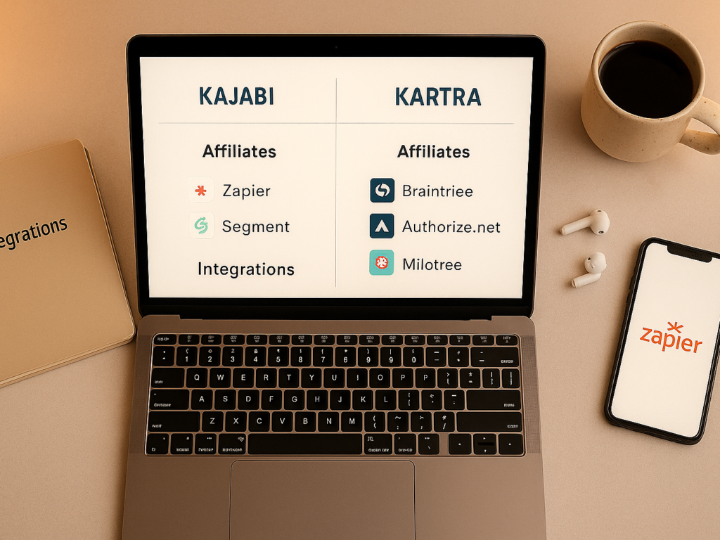 Dashboard comparing affiliate tools and integrations on Kajabi and Kartra.