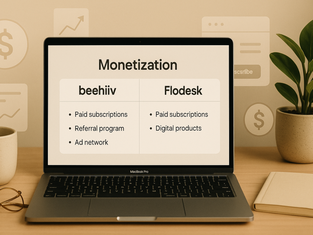 Beehiiv vs Flodesk monetization tools shown on laptop screen with coffee and notes.



