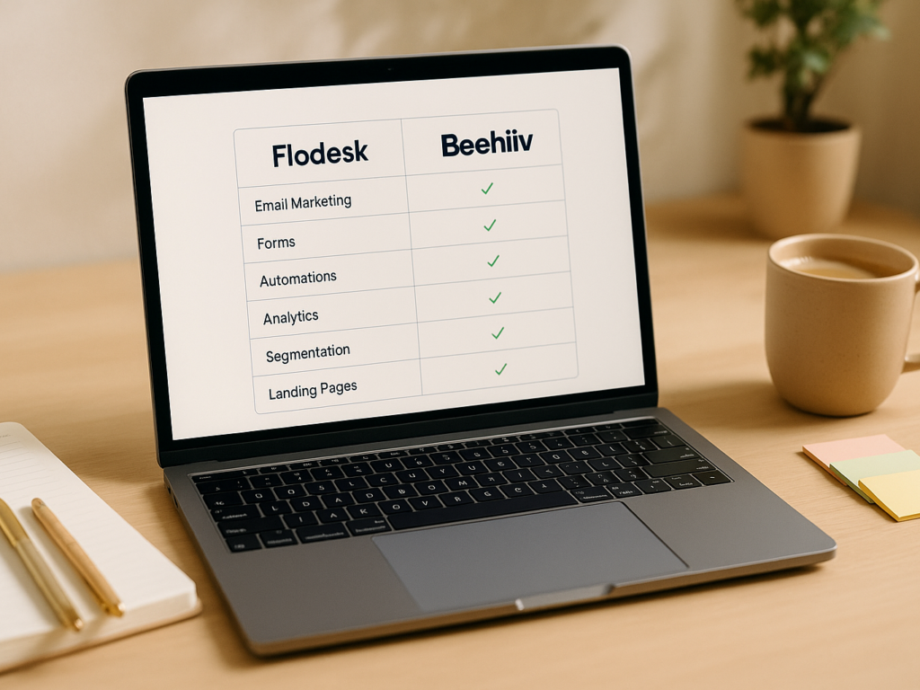 Comparing Flodesk and Beehiiv features on a screen with notes and a planner beside.

