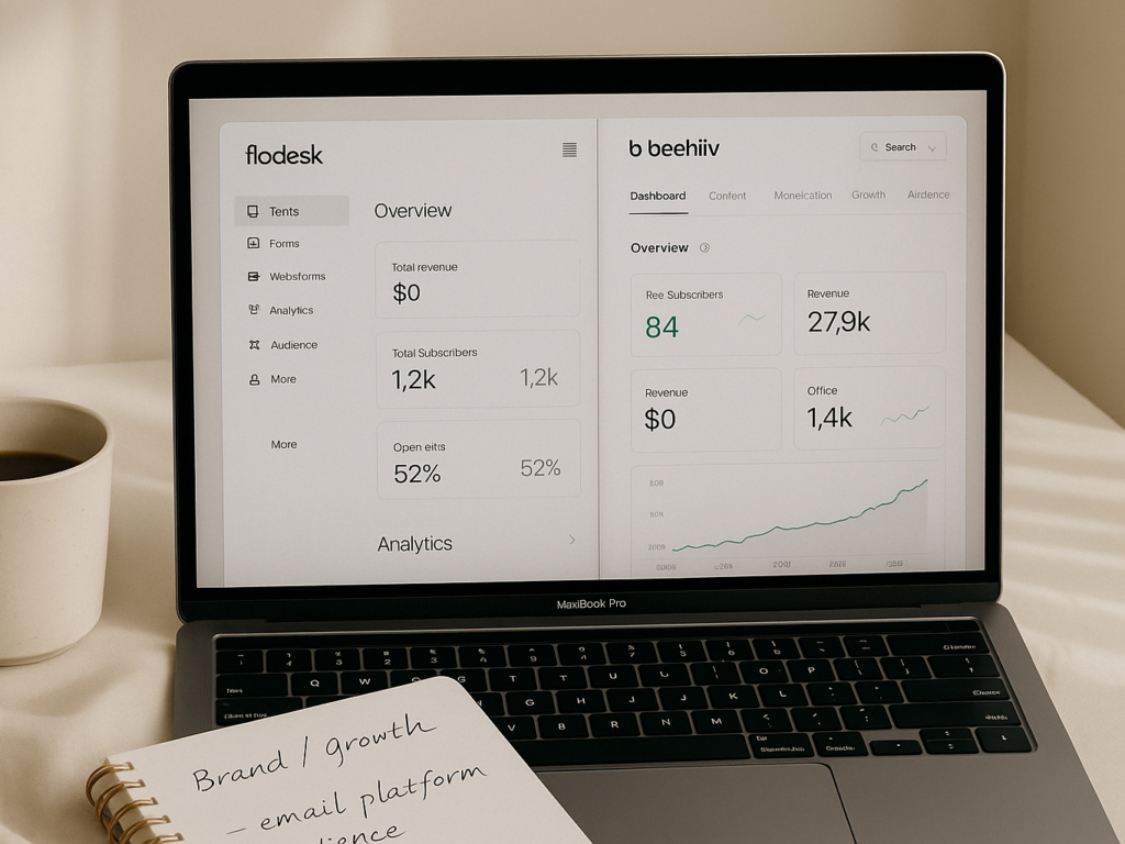 Laptop showing Flodesk and Beehiiv dashboards side by side with notes and coffee nearby.