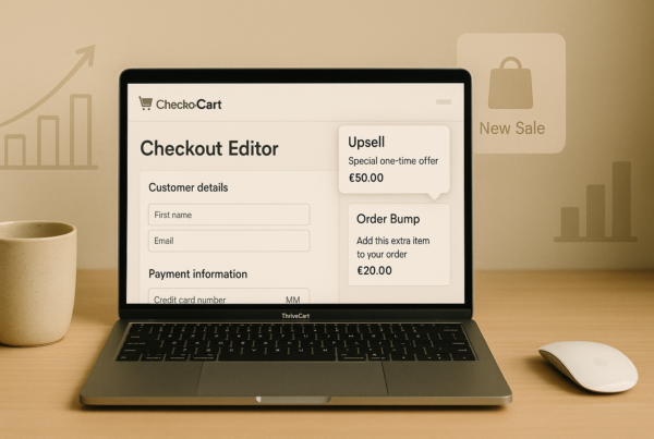 A clean laptop screen displays ThriveCart’s optimized checkout builder with order bump and upsell tools, set on a stylish desk with minimal decor and soft lighting.