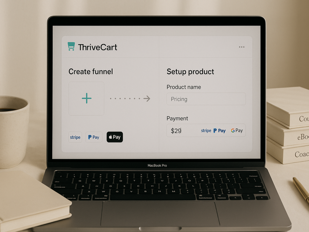 Laptop showing a ThriveCart dashboard with product listings and funnel builder, on a tidy workspace with books and a coffee cup.

