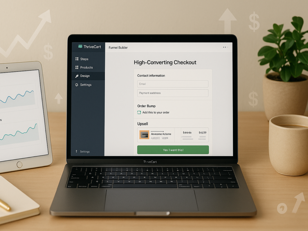 Checkout funnel builder screen with upsell and order bump features open on a clean workspace with soft lighting and a tablet nearby.