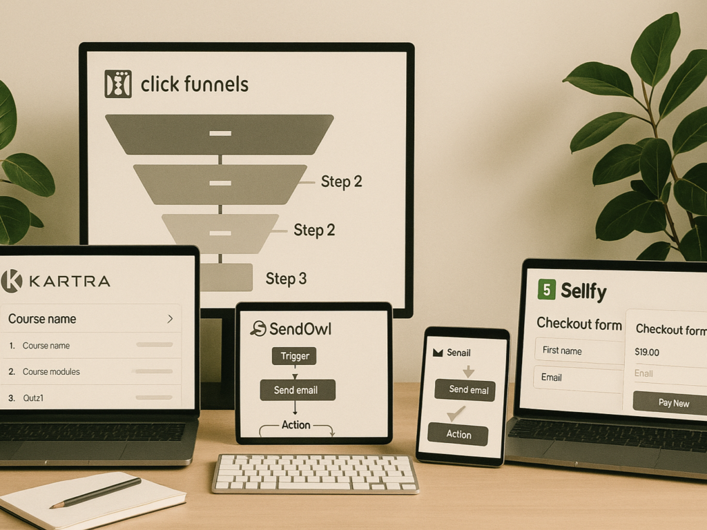 Modern workspace displaying laptops and screens showcasing ClickFunnels, Kartra, Kajabi, SendOwl, and Sellfy dashboards side by side, representing ThriveCart alternatives.