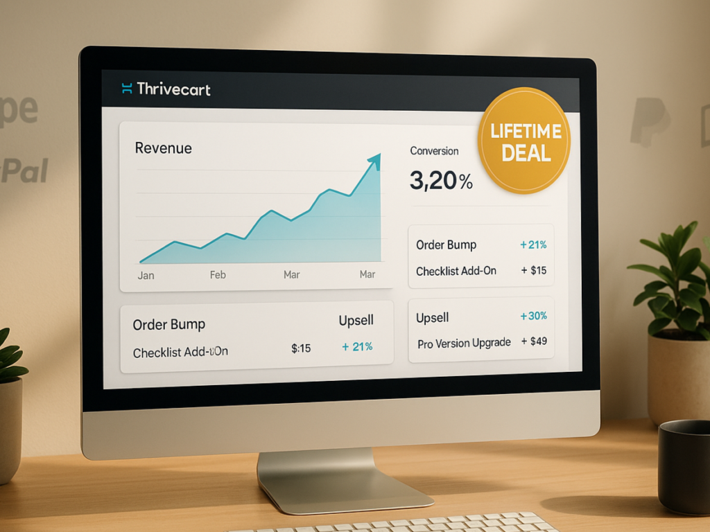 A clean digital desk showing ThriveCart’s dashboard with charts and upsell tools, symbolizing profit growth and lifetime value.

