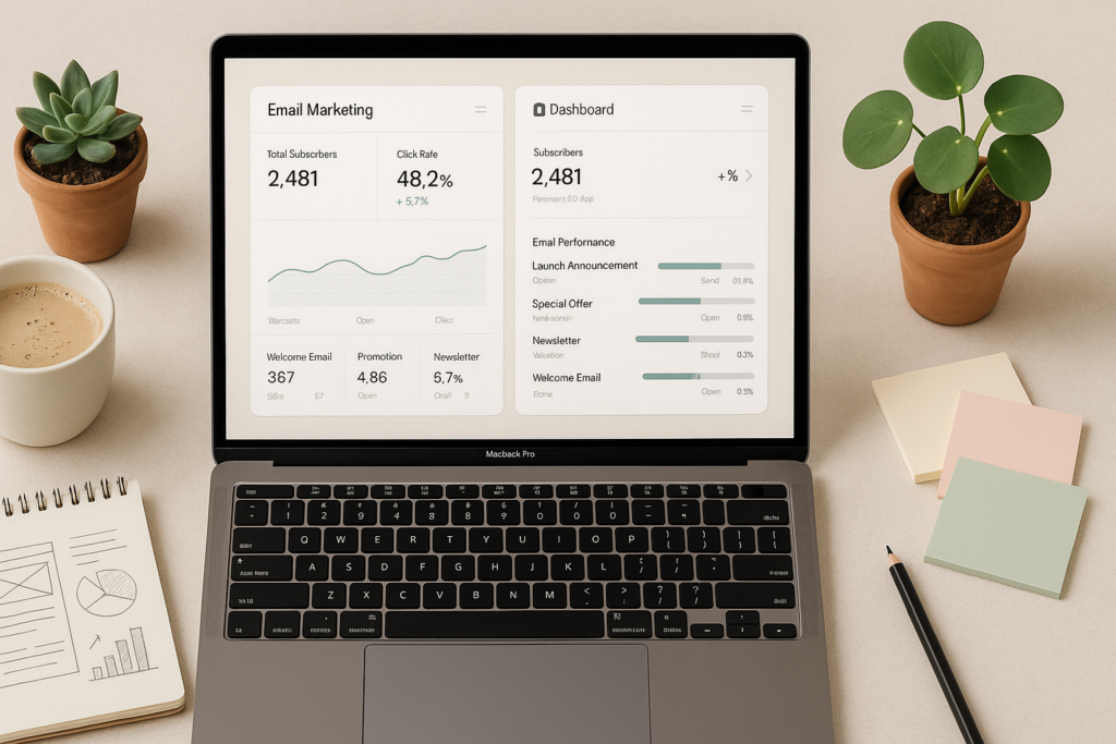 A person reviewing email platform pricing plans on a laptop at a cozy desk, with a notebook and coffee nearby.
