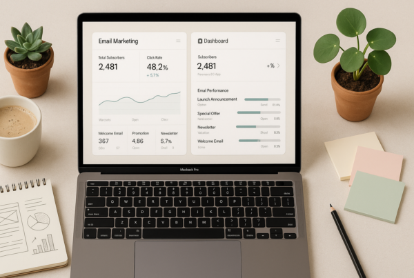 A person reviewing email platform pricing plans on a laptop at a cozy desk, with a notebook and coffee nearby.