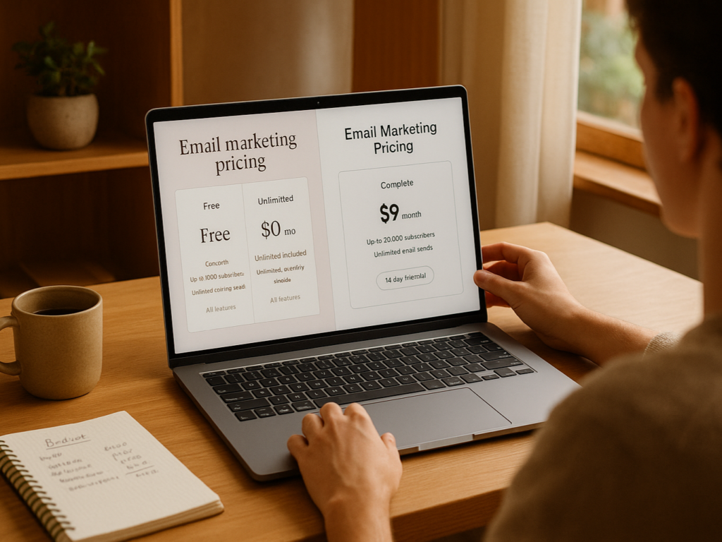 A person reviewing email platform pricing plans on a laptop at a cozy desk, with a notebook and coffee nearby.