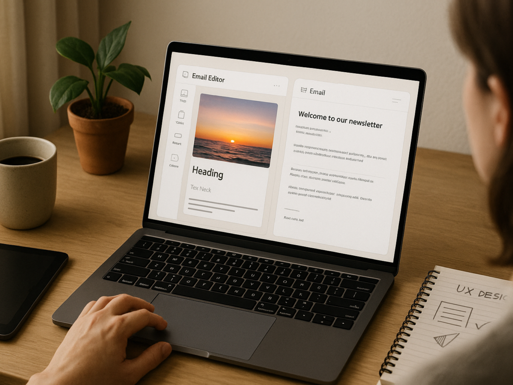 A person toggling between two email editors on a split screen—one colorful and visual, the other plain and text-focused—while working at a clean desk setup.