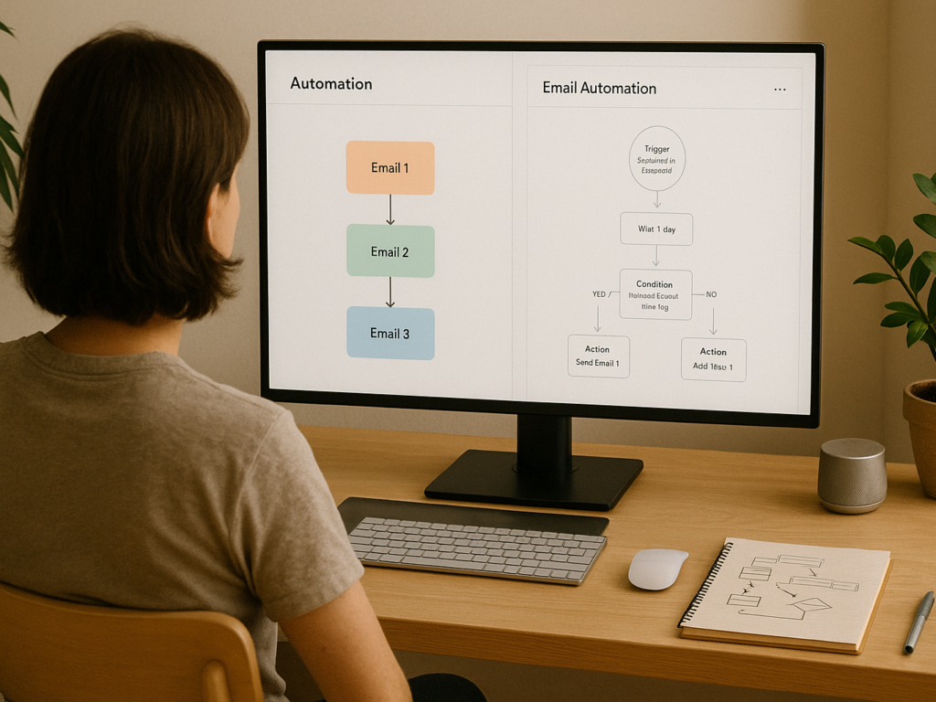 A user mapping out email automation workflows on a large monitor.