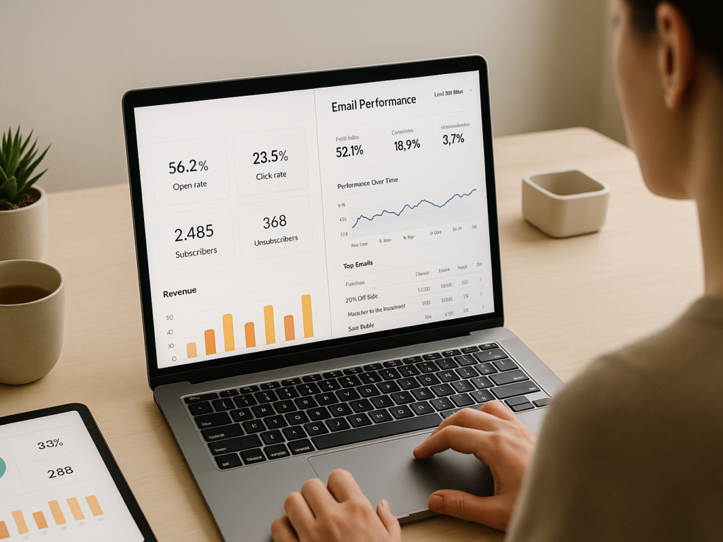 A person viewing email campaign analytics on a laptop, with graphs and open rate stats.