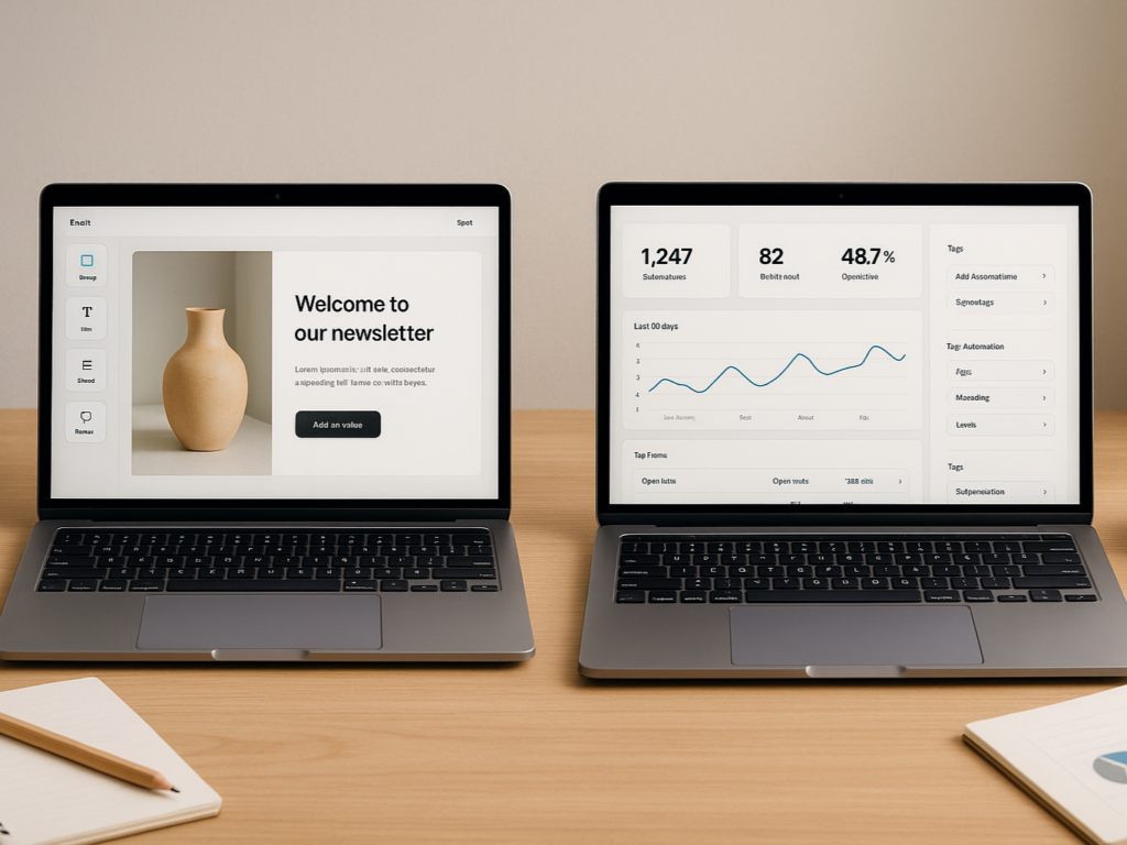 Split-screen showing two email marketing platforms.