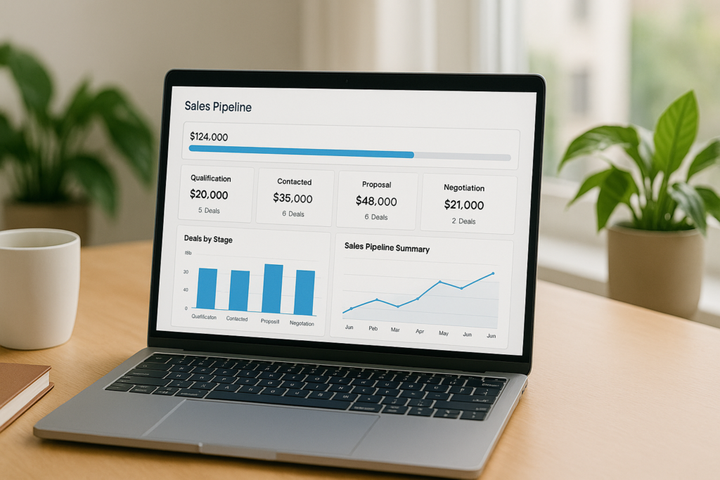 Dashboard view of a sales pipeline tool on a laptop screen, with charts, progress bars, and lead stages visible in a modern office setting.