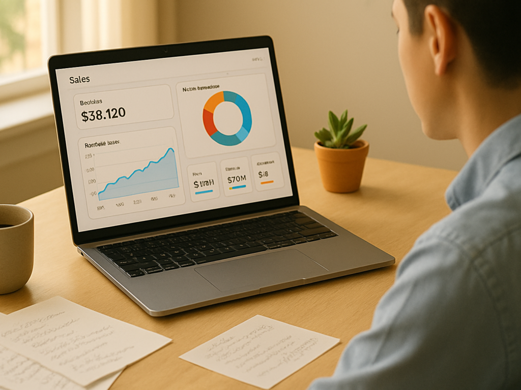 A businessperson reviewing a digital sales dashboard.