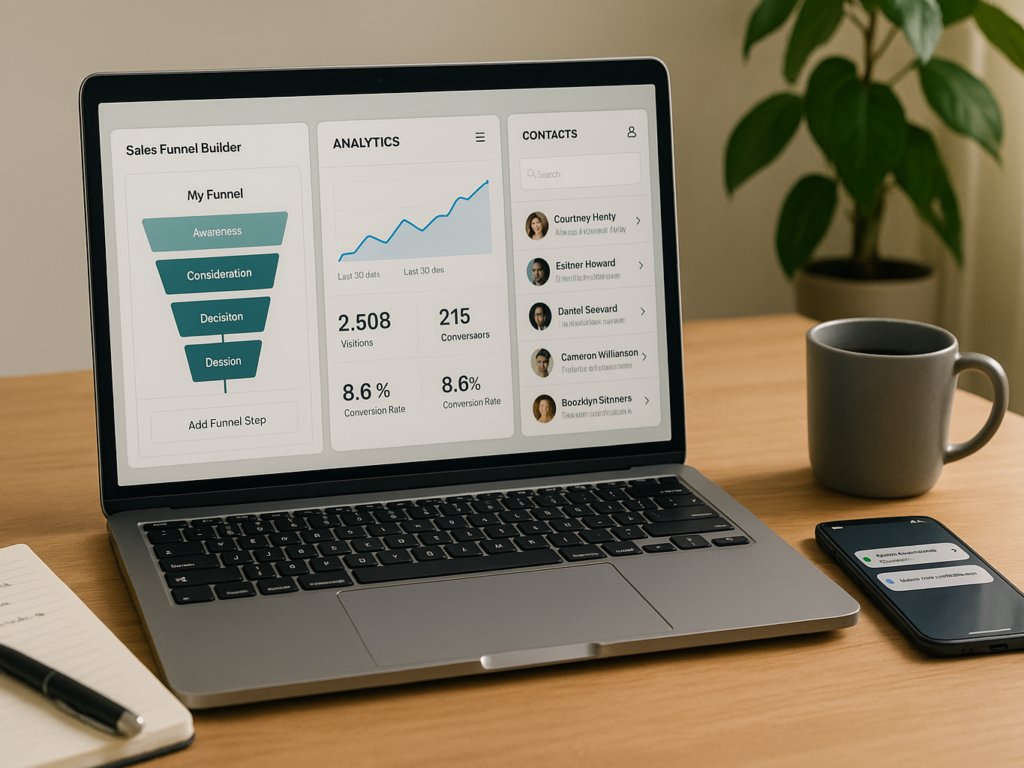 A laptop with multiple open tabs a funnel builder interface, and contact details,.