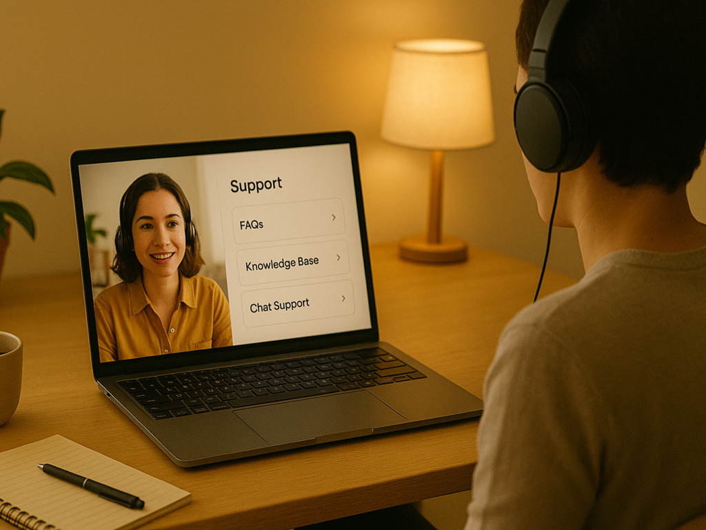 A person on a video call with a support agent, with help documents and a chat window open on their laptop screen.