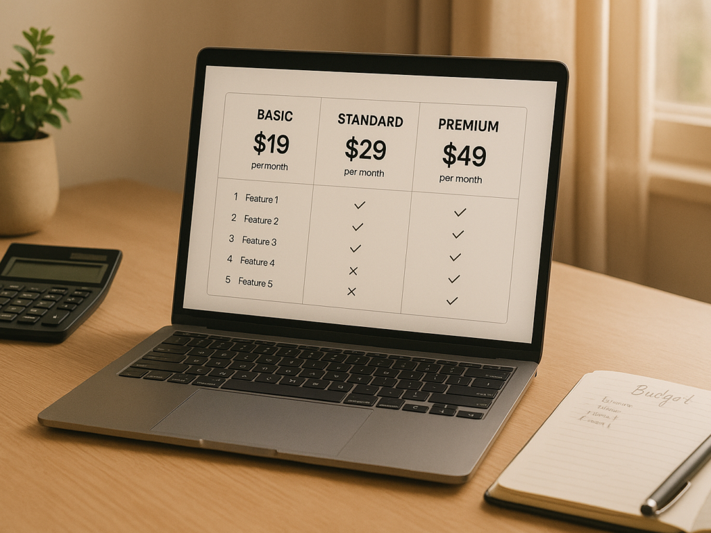 comparing pricing plans on a laptop screen, with a calculator and notebook nearby on the desk