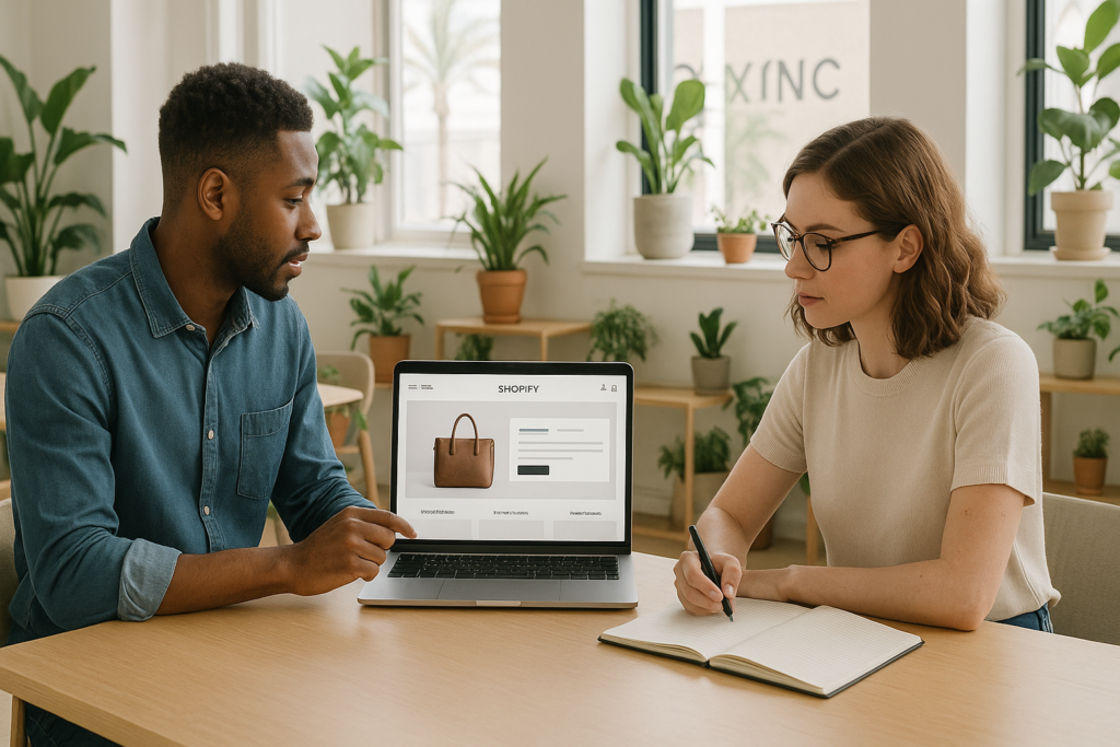 A person reviewing a website mockup with a developer in a bright, modern workspace.