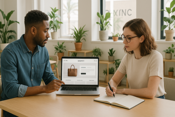 A person reviewing a website mockup with a developer in a bright, modern workspace.