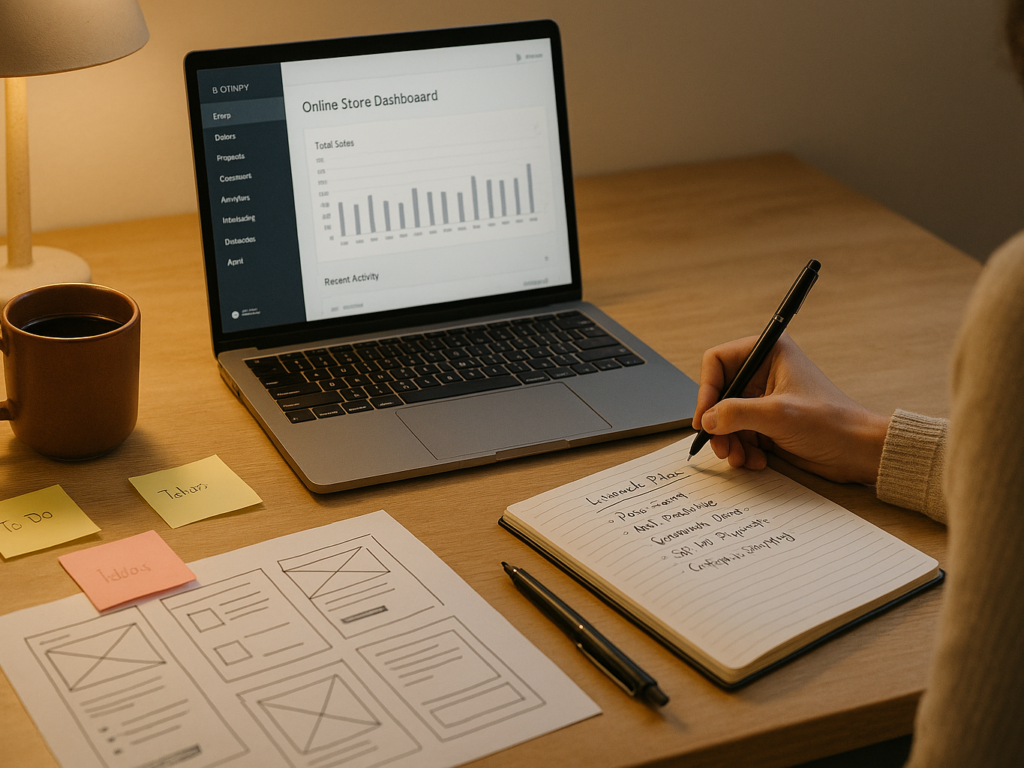 A person writing notes and sketching wireframes in a notebook beside an open laptop showing an eCommerce dashboard. A cup of coffee and sticky notes are nearby, suggesting focused planning.

