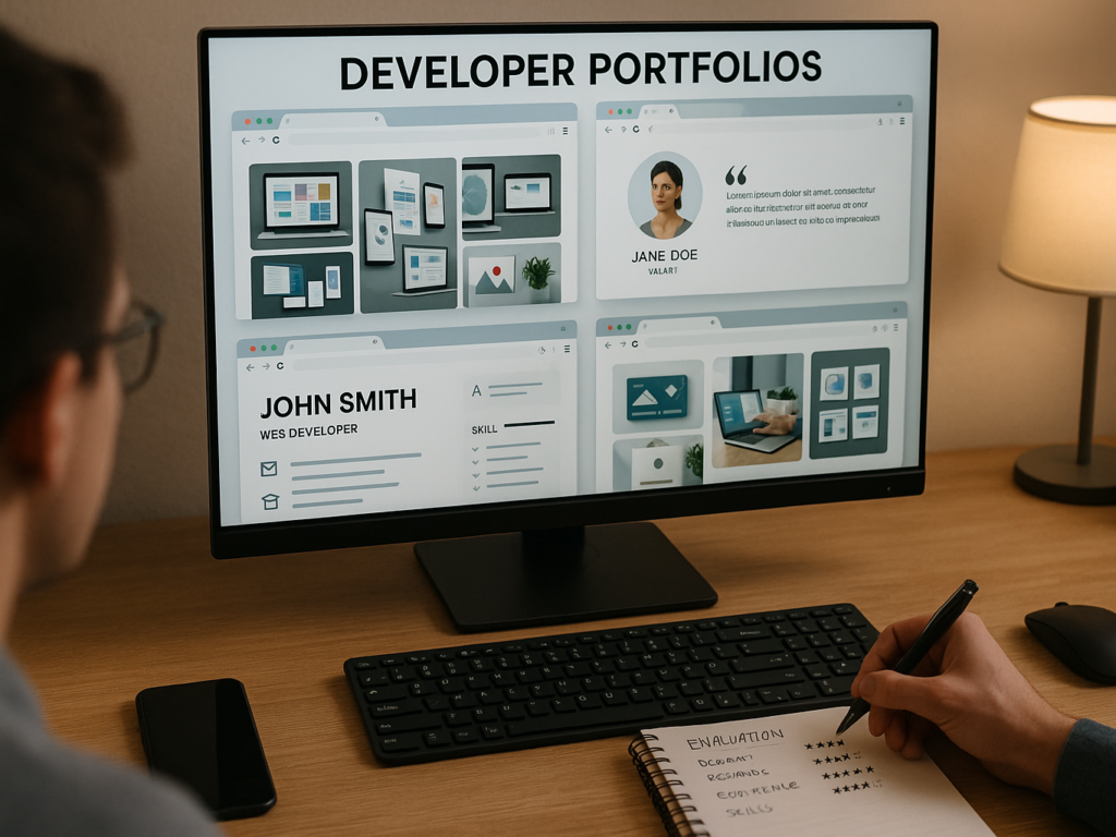 A person comparing developer portfolios on a computer screen, with tabs open showing project samples and client reviews. 