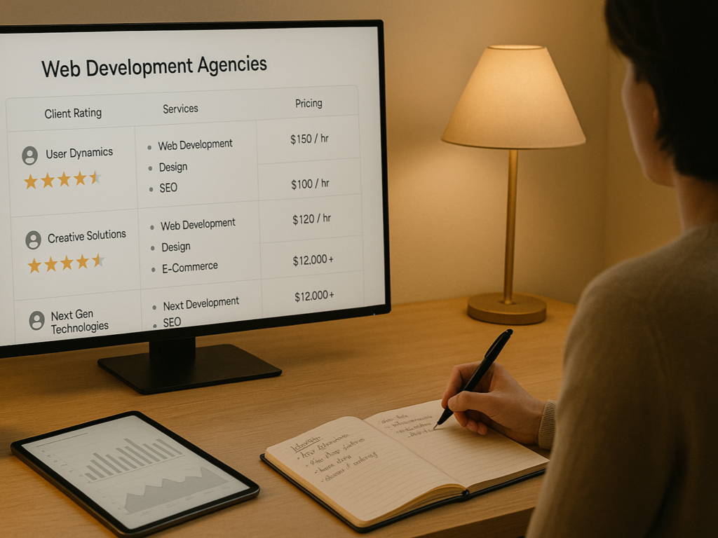 A person studying comparison charts and client reviews of web development agencies on a large monitor. Notes, a tablet, and a cup of coffee are on the desk.

