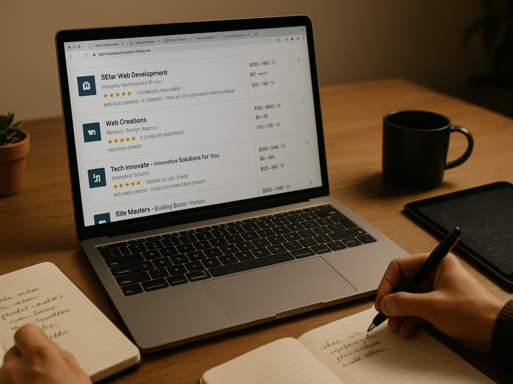 A person browsing a curated directory of tech agencies on a laptop, with tabs open for platforms like Clutch and UpCity. A notepad and pen suggest they’re evaluating multiple options.

