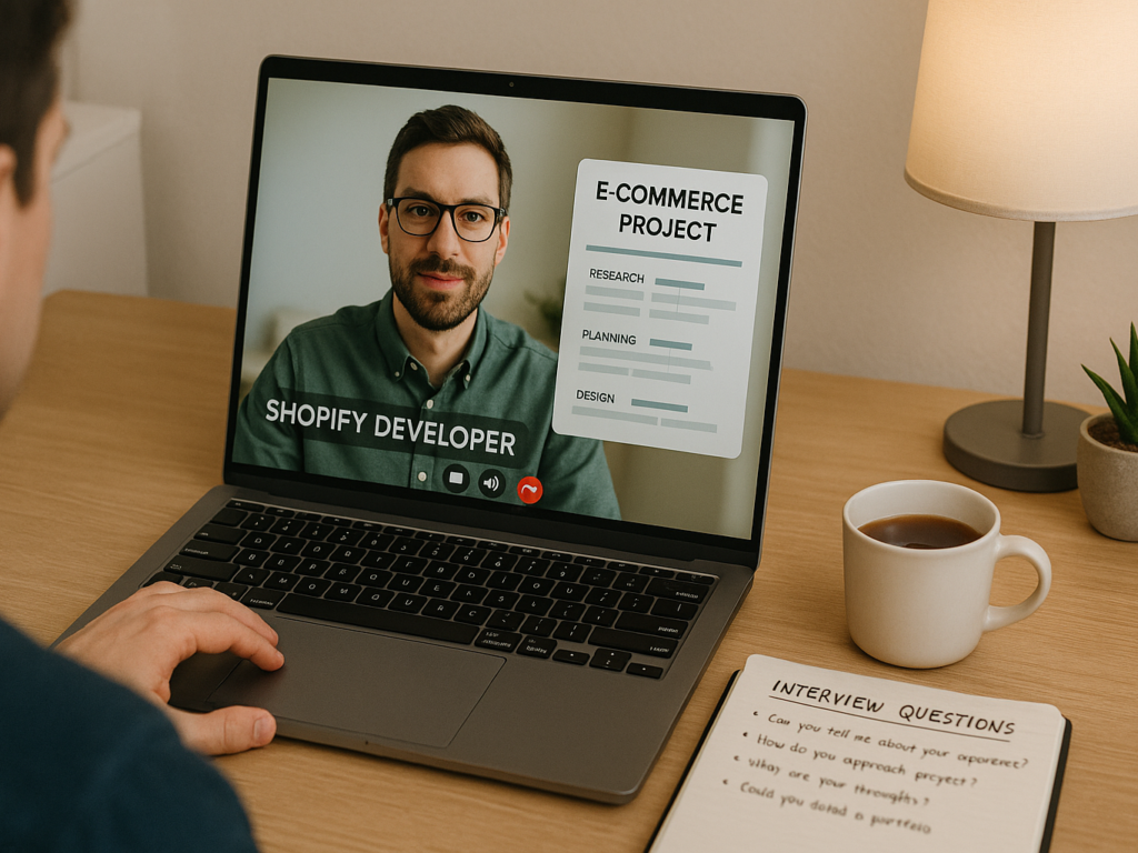 A professional having a video call with a web developer, reviewing project details and portfolio samples on a laptop screen. 