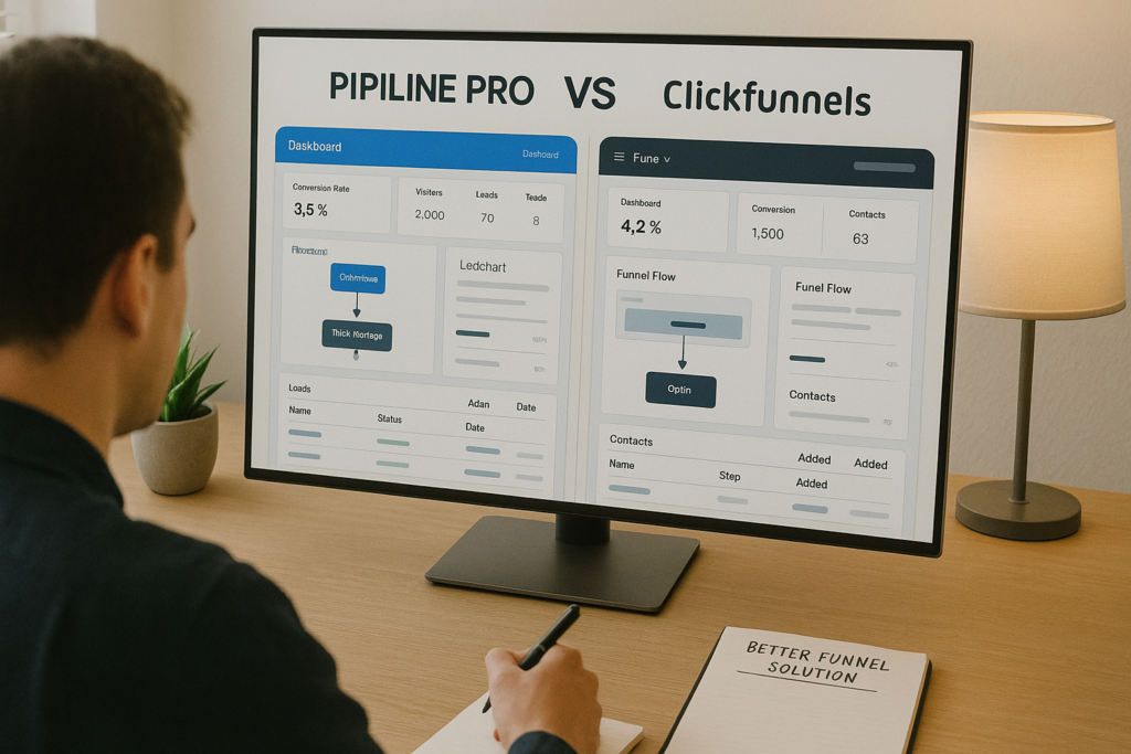 A side-by-side comparison of two sales funnel dashboards on a computer screen, with charts and metrics displayed. A person is pointing at one option while taking notes, suggesting decision-making in progress.