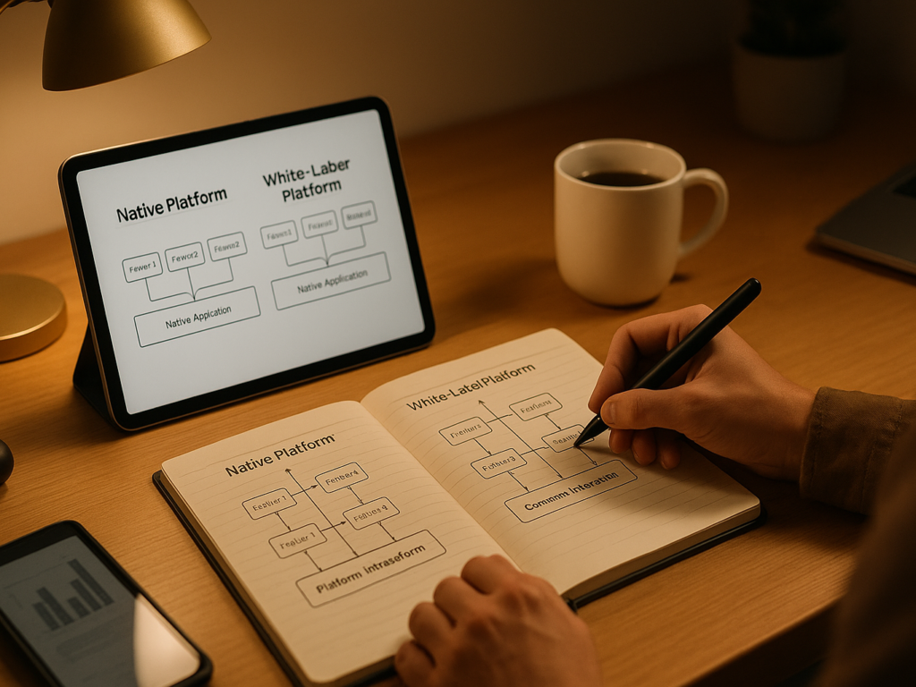 A person analyzing two flow diagrams labeled with different platform structures on a tablet and notepad—one showing native architecture, the other white-label. A thoughtful expression suggests technical evaluation.