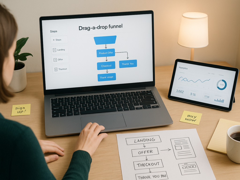 A person building a sales funnel using drag-and-drop tools on a laptop.