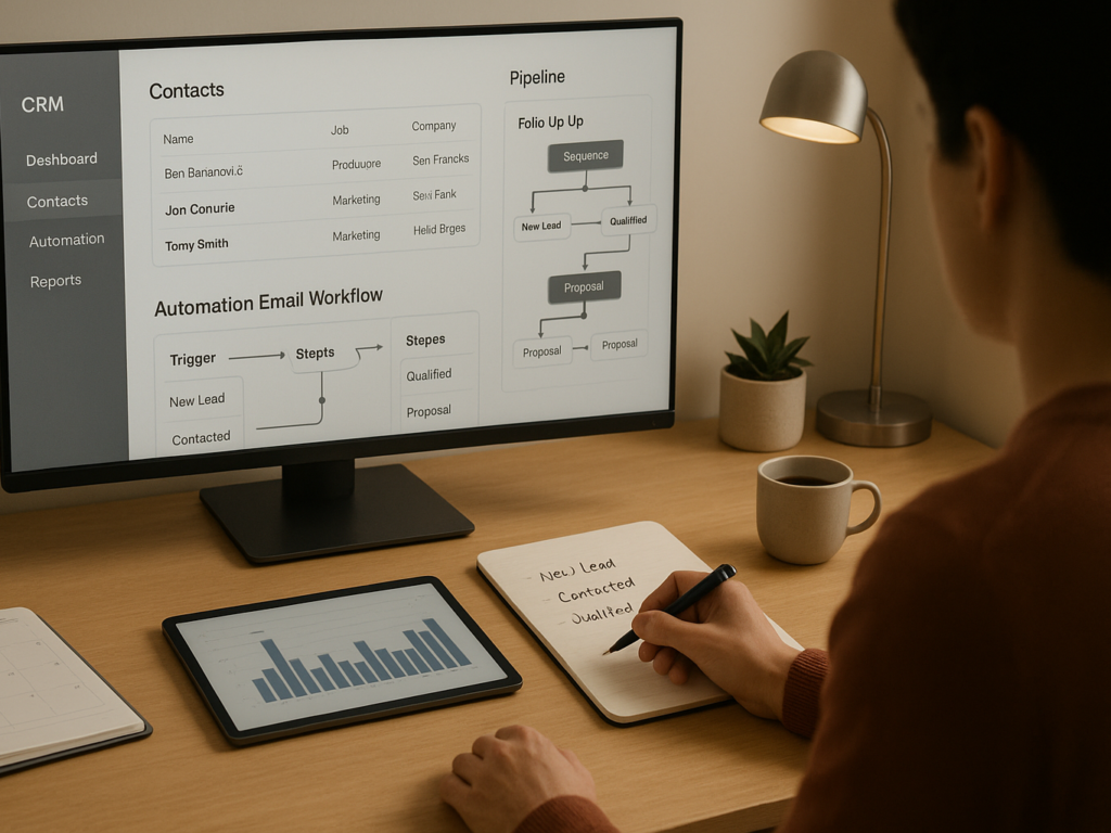 A person reviewing a CRM dashboard on a desktop screen.